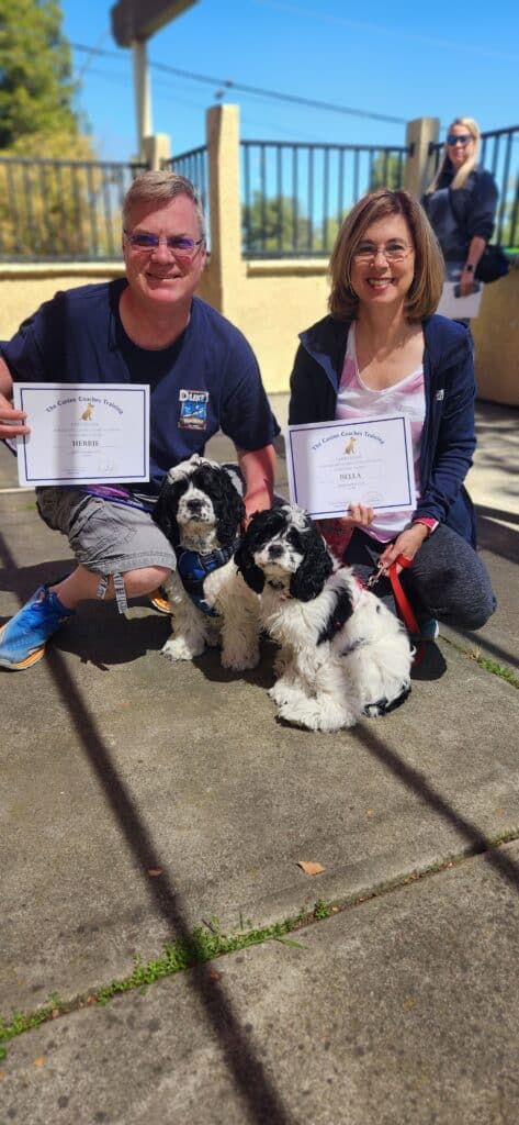 two puppies and two adults  holding a certificate from passing puppy preschool